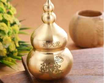 Feng Shui Chinese Brass Hu Lu Gourd - Fire Dragon Vase - Treasure Statue for Fortune Protection and Home Decoration - Bi Huo Long Ping