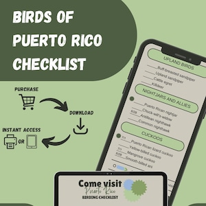 May include: A digital checklist for birdwatching in Puerto Rico. The checklist includes birds of prey, doves, swallows and allies, hummingbirds, woodpeckers, cuckoos, and nightjars. The checklist is on a tablet screen with a green background.