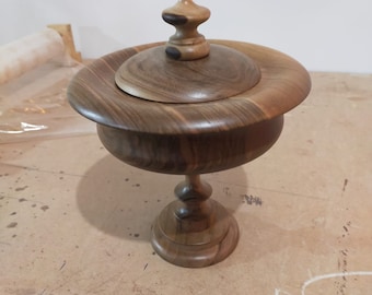 Unique wooden turned lidded bowl from walnut