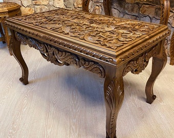 Coffee table| walnut table|unique end table|side table|wooden table|rustic table|carving table|Center table|Carved center table