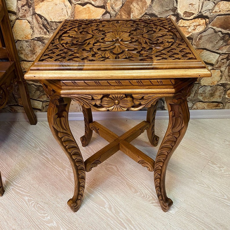 Coffee table walnut tableunique end tableside tablewooden tablerustic tablecarving table Brown