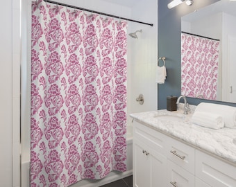 Rideau de douche grand-millénaire, salle de bain preppy chic, décoration roses roses, grand-macore