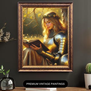 Wojownicza księżniczka czytająca | Fantasy Canvas Wall Art | Sztuka Book Nook | Prezent dla miłośnika książek | Sztuka książkowa