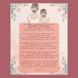 Personalized Mother of the Bride Gift, Mother of the Bride Poem, Customized Wedding Gift, Mother-Daughter Wedding Gift