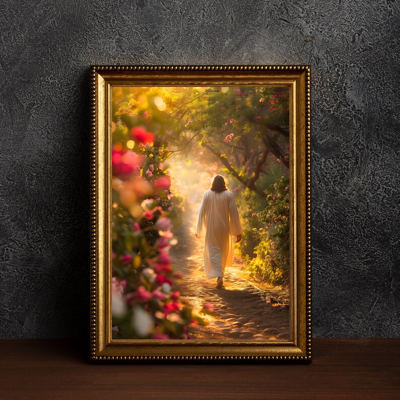 Digital Painting of Jesus: Tranquil Flower-lined Path, Perfect Decor for Christian Homes, Thoughtful Christian Gift
