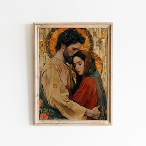 Jesus Art Holding Mary Magdalene, Klimt-Style Vintage, Christian Art, Religious, Spiritual Wall Decor - Digital Download