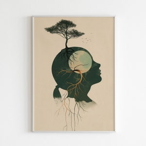 Könnte beinhalten: Ein digitaler Kunstdruck mit der Silhouette eines Menschenkopfes, aus dem ein Baum wächst. Die Wurzeln des Baumes breiten sich wie Adern im gesamten Kopf aus. Der Hintergrund ist hellbeige.