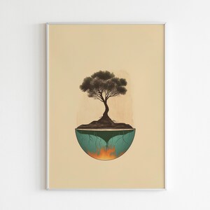 May include: A stylized illustration of a tree growing out of a cracked earth sphere. The tree has dark green leaves and a brown trunk. The sphere is a teal blue color with orange flames underneath.