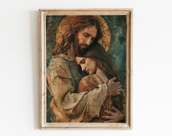 Jesus Art Holding Mary Magdalene, Colorful Da Vinci Style Artwork, Religious Decor, Unique Christian Gift - Digital Download