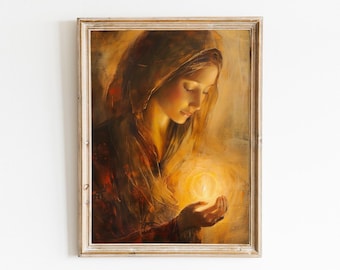 Mary with a golden light, Mother of Jesus Christ, Christian Vintage Painting, Divine Love Art, Religious Art - Digital Download