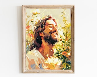 May include: A painting of a man with long brown hair and a beard smiling with his eyes closed. He is surrounded by yellow and orange flowers and green leaves. The background is a light yellow.