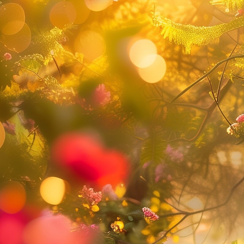 以下が含まれることがあります： ピンクと黄色の花が咲いた木のぼやけた画像。背景はぼやけていて、金色に輝いています。