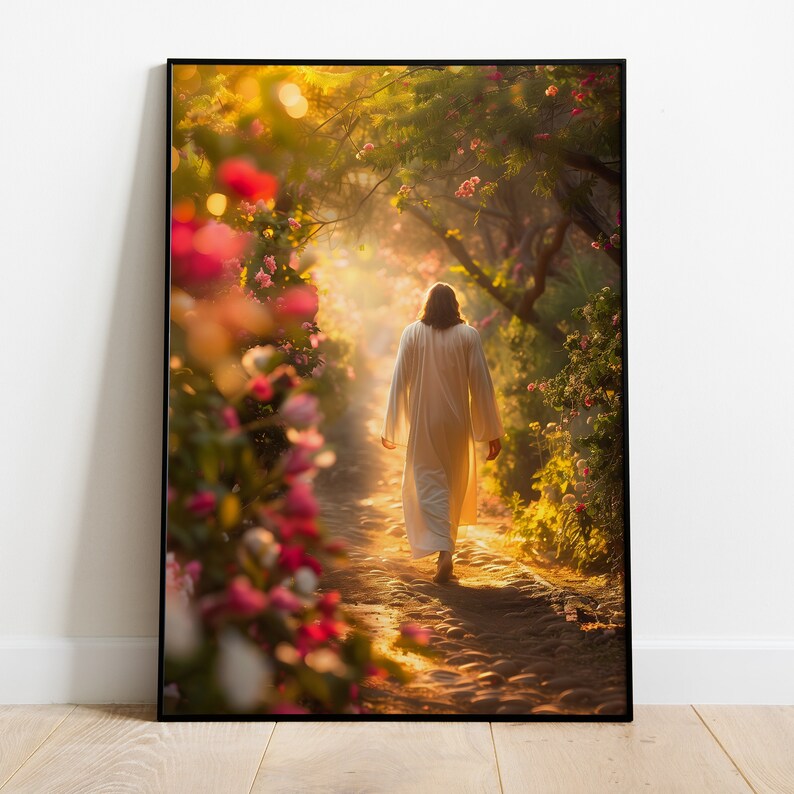 Jesus Art Downloadlit Pathway with Flowers, Inspiring Christian Wall Art, Ideal Gift for Believers