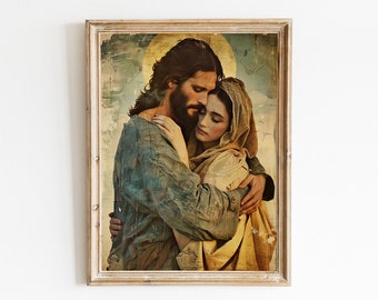 Vintage Jesus Art Print Portrait with Mary Magdalene, Religious Decor, Unique Christian Gift - Digital Download