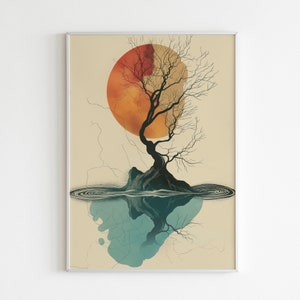 Könnte beinhalten: Eine minimalistische Illustration eines Baumes mit kahlen Ästen, der auf einer kleinen Insel in einem Gewässer wächst. Der Baum ist vor einer großen, orangefarbenen und gelben Sonne silhouettiert. Das Wasser spiegelt den Baum und die Sonne wider.