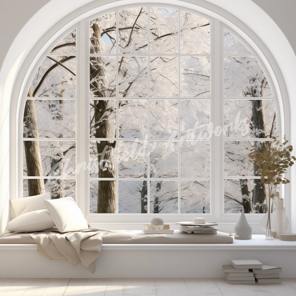 White Shelves Background for Online Meetings, Snow through Window, Virtual Backdrop for Teams, Zoom, Webex, Skype, Google Meet in 16:9 ratio