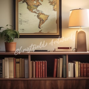 May include: A wooden bookcase with two shelves and a drawer. The bookcase is filled with books and has a lamp on top. There is a framed map of the world hanging on the wall behind the bookcase.