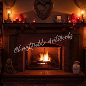 May include: A cozy living room with a fireplace, two armchairs, and bookshelves filled with books. The fireplace has a fire burning and is decorated with a wooden heart above the mantel. The room is lit by lamps and candles, creating a warm and inviting atmosphere.