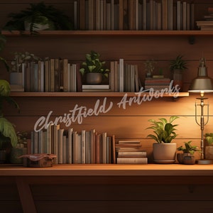 Może przedstawiać: Drewniana półka na książki z dwoma półkami wypełnionymi książkami i roślinami. Pod półkami znajduje się biurko z lampą i innymi roślinami. Na ścianie widoczny jest napis "Christfield Antiquities".