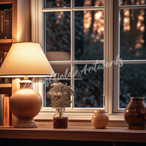 Lamp by the Window with Bookshelf Background Image for Online Meetings, Virtual Backdrop for Zoom, Microsoft Teams, Google Meet - 16:9 ratio