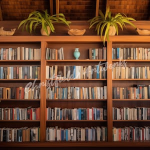 May include: A large wooden bookcase filled with books, with two potted plants on top. The bookcase is in a room with windows that look out onto a tropical landscape.
