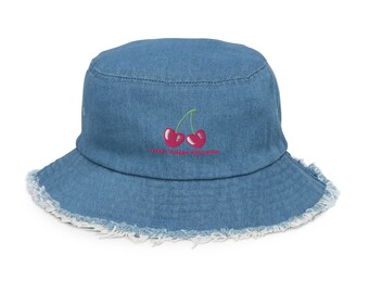 Distressed Denim Bucket Hat with Cherry Cherry Boom Boom Embroidery | 90s Vintage Style Summer Headwear