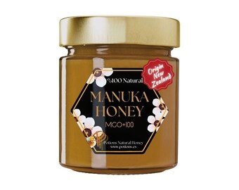 100 % reiner und natürlicher roher Manuka-Honig MGO +100. Natürliches Antioxidans-Doping. Bio-Honig, ungewöhnliche Honigschätze, Honig für das Immunsystem