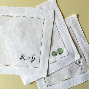 Custom Embroidered Linen Cocktail Napkin with Personalized Initials and Martini Glass