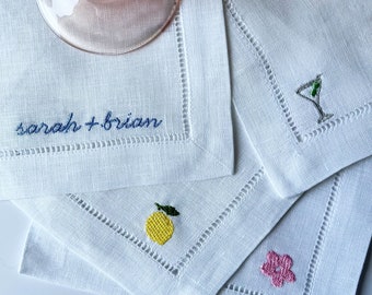 Personalize Embroidered Linen Cocktail Napkin with Custom Names and Cute Icons