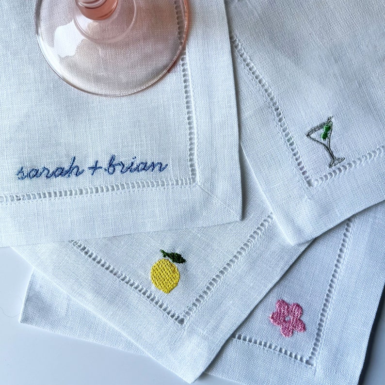 Embroidered monogrammed linen cocktail napkins set