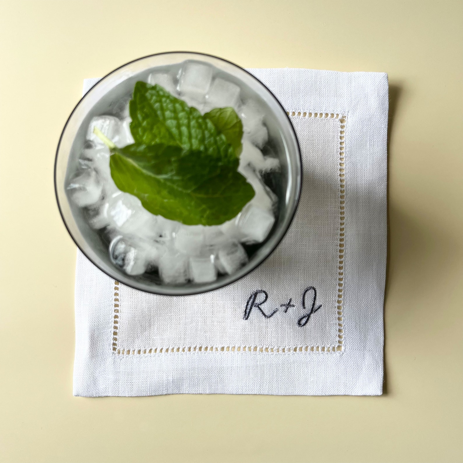 Custom Embroidered Linen Cocktail Napkin with Personalized Initials and Martini Glass - Pewter, Set of 6