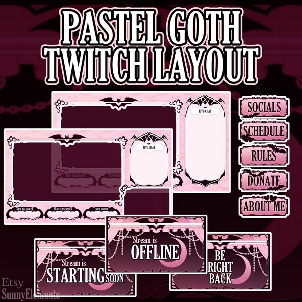 Pastel Goth Vampire Twitch Overlay, Screens and Panels