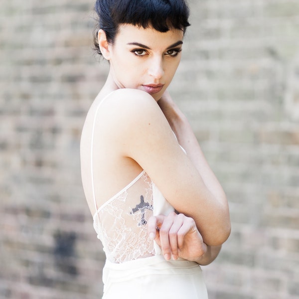 Cowl Neck, Ivory Silk Wedding Dress, See-through French lace back, Spaghetti Straps, Pleated waistband, Boho, Summer, Puddle train. ANOUK.