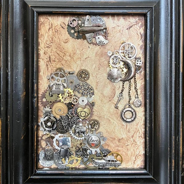Steampunk Wall/table Art – 8x10 Mixed Metal Collage – Gears, Charms & Vintage Assemblage – One‑of‑a‑Kind Decor