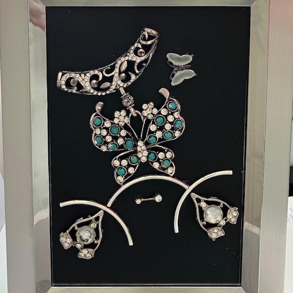 Framed butterfly jewelry art, Vintage Costume Jewelry Butterfly, Shabby Chic Wall Decor, Handmade Nature gift