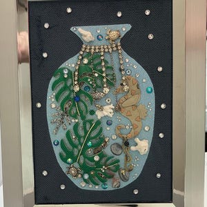 Framed Jewelry Art, Coastal Seahorse Vase Art, Beach House Decor, Coastal gift