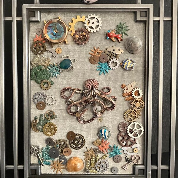 Steampunk Octopus art, mixed media ocean decor, nautical gift, Gears and seashells, Coastal Steampunk Frame