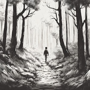 May include: A person walks down a path in a black and white forest. The path is lined with trees and rocks. The person is wearing a jacket and pants.