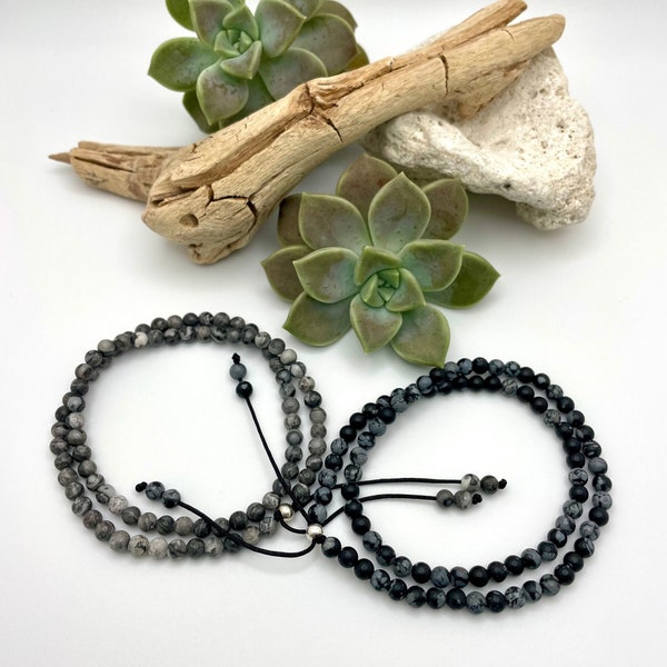 Snowflake Obsidian | Map Jasper | Two Gemstone Bracelets | Stacking Bracelets, Handmade | Minimalist | Sharing Gift | Healing | Natural Gem