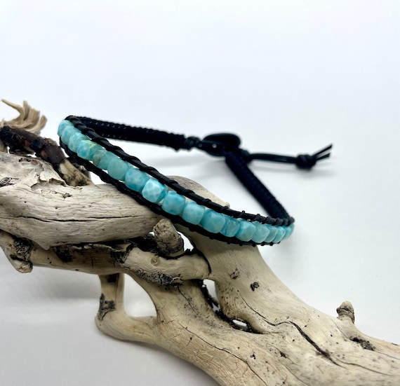 ラリマーレザーキューブブレスレット：ハンドメイド、4mmキューブ