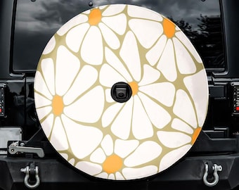 Boho Daisy Flowers Spare Tire Cover, With Camera Hole, For Jeep, For Bronco, For FJ Cruiser, For Camper, For RV, For SUV, For Her