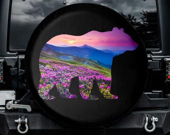 Mountain Bear - Purple Flowers Spare Tire Cover, No Camera Hole, For Jeep, For Bronco, For FJ Cruiser, For Camper, For RV, For SUV