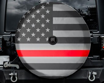 All American - Firefighter Red Spare Tire Cover, With Camera Hole, For Jeep, For Bronco, For FJ Cruiser, For Camper, For RV, For SUV