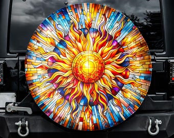 Reservewielhoes met vlammende zon in gebrandschilderd glas, zonder cameragat, voor Jeep, Bronco, FJ Cruiser, camper, caravan, SUV
