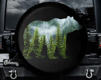 Mountain Bear - Pine Forest Spare Tire Cover, No Camera Hole, For Jeep, For Bronco, For FJ Cruiser, For Camper, For RV, For SUV