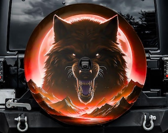Red Fenrir the Wolf Spare Tire Cover, With Camera Hole, For Jeep, For Bronco, For Camper, For RV, For SUV, For Him