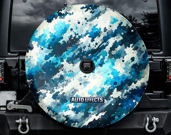 Blue Maritime Digital Camo Spare Tire Cover, With Camera, For Jeep, For Bronco, For FJ Cruiser, For Camper, For RV, For SUV