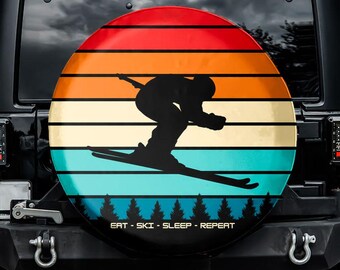 Eten, slapen, skiën, herhalen. Reservewielhoes, zonder camera-opening, voor Jeep, Bronco, FJ Cruiser, camper, caravan, SUV.