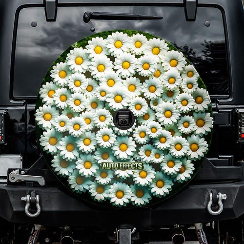 Copriruota di scorta con motivo a margherite bianche, con foro per telecamera, per Jeep, Bronco, camper, roulotte e SUV.