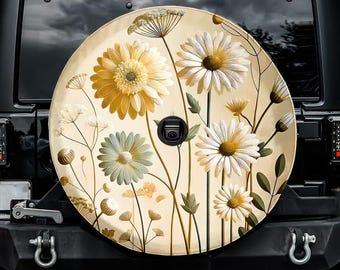 Daisey Accents Spare Tire Cover, With Camera Hole, For Jeep, For Bronco, For Camper, For RV, For SUV, Flowers, For Her
